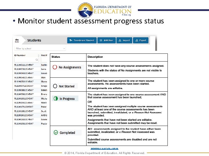  • Monitor student assessment progress status www. FLDOE. org © 2014, Florida Department