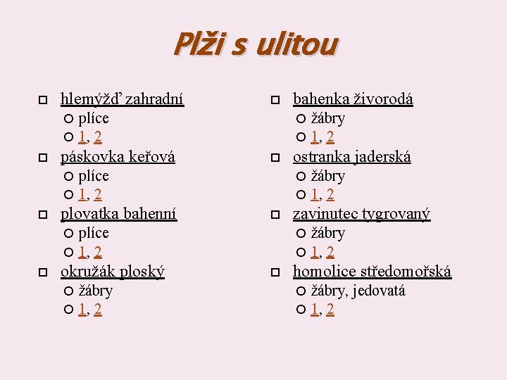 Plži s ulitou hlemýžď zahradní žábry 1, 2 zavinutec tygrovaný žábry 1, 2 ostranka