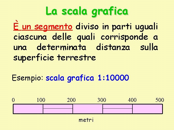 La scala grafica È un segmento diviso in parti uguali ciascuna delle quali corrisponde