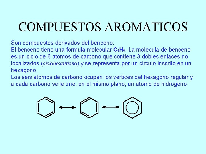 COMPUESTOS AROMATICOS Son compuestos derivados del benceno. El benceno tiene una formula molecular C