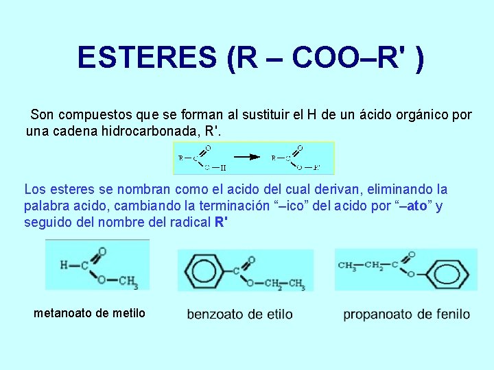 ESTERES (R – COO–R' ) Son compuestos que se forman al sustituir el H