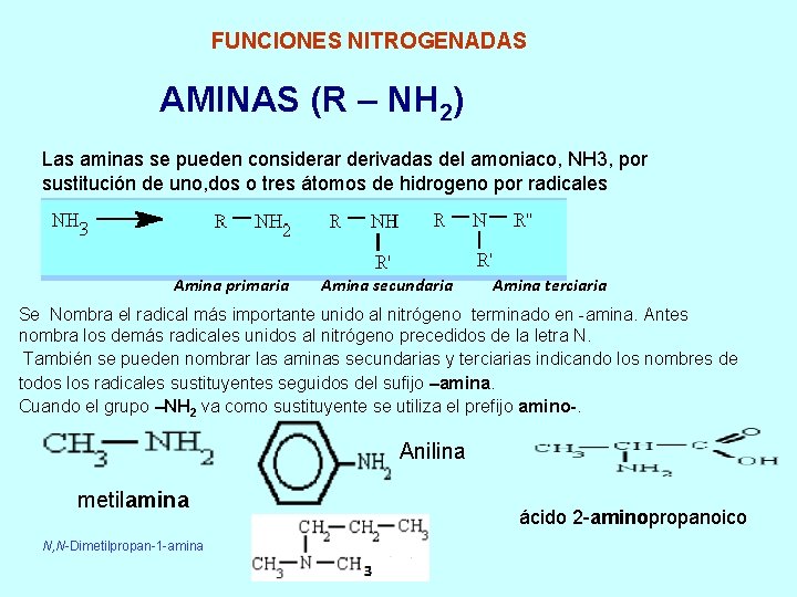 FUNCIONES NITROGENADAS AMINAS (R – NH 2) Las aminas se pueden considerar derivadas del