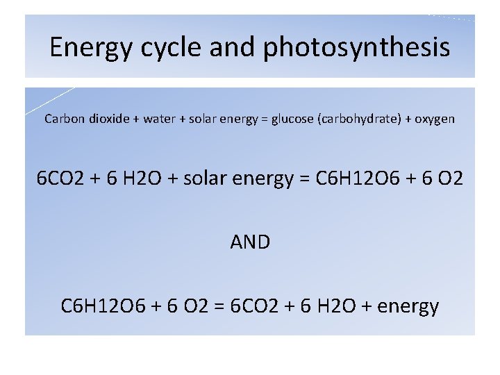 Energy cycle and photosynthesis Carbon dioxide + water + solar energy = glucose (carbohydrate)