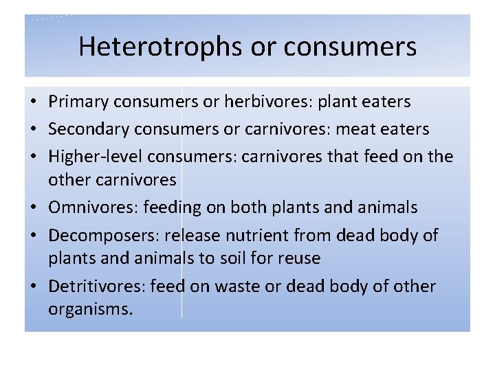 Heterotrophs or consumers • Primary consumers or herbivores: plant eaters • Secondary consumers or