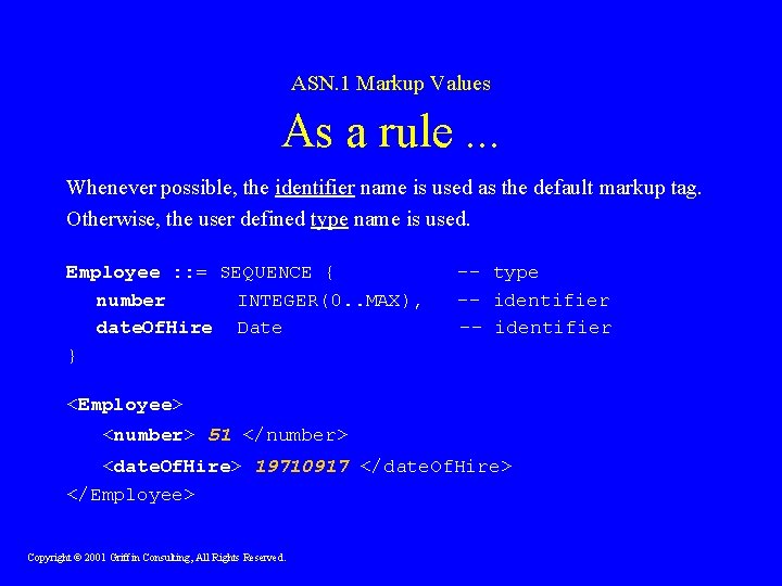 ASN. 1 Markup Values As a rule. . . Whenever possible, the identifier name