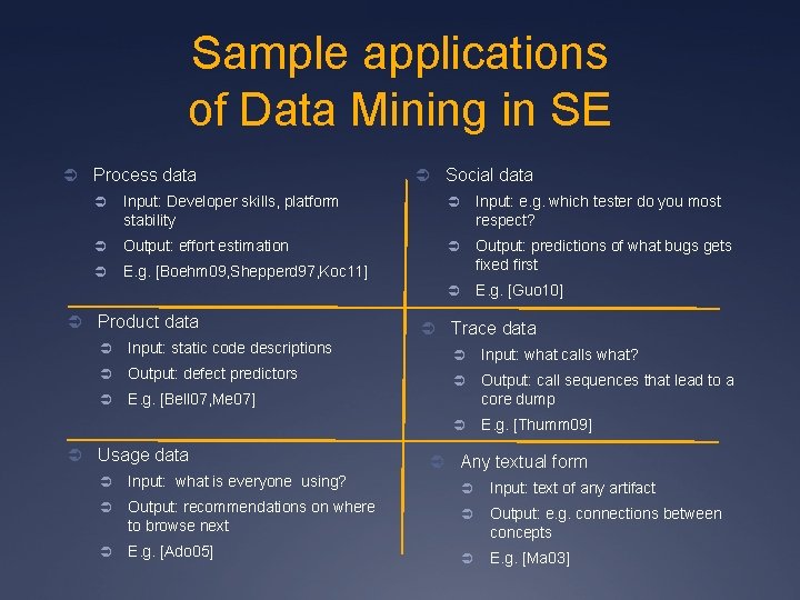 Sample applications of Data Mining in SE Ü Process data Ü Social data Ü