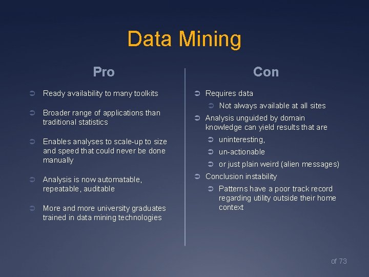 Data Mining Con Pro Ü Ü Ü Ready availability to many toolkits Broader range