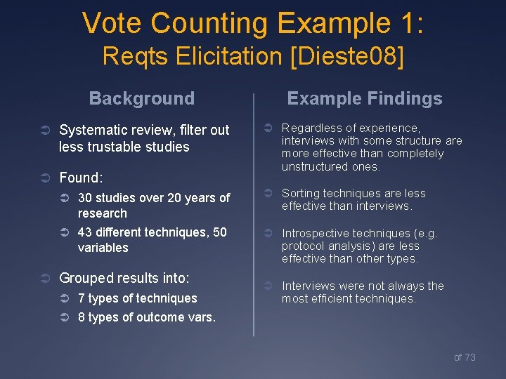 Vote Counting Example 1: Reqts Elicitation [Dieste 08] Background Ü Systematic review, filter out