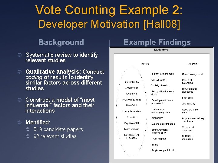 Vote Counting Example 2: Developer Motivation [Hall 08] Background Example Findings Ü Systematic review