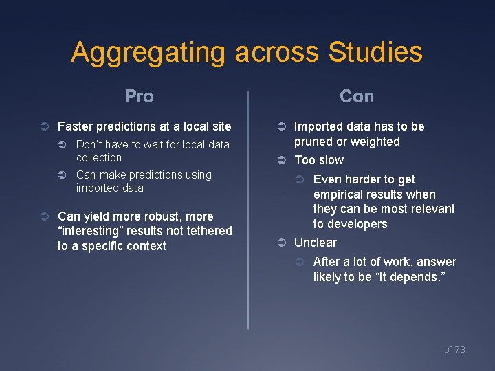 Aggregating across Studies Con Pro Ü Faster predictions at a local site Ü Don’t