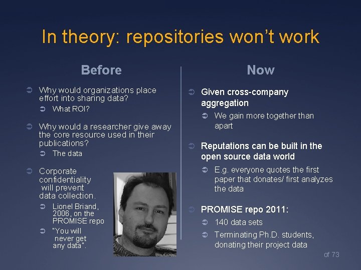 In theory: repositories won’t work Now Before Ü Why would organizations place effort into