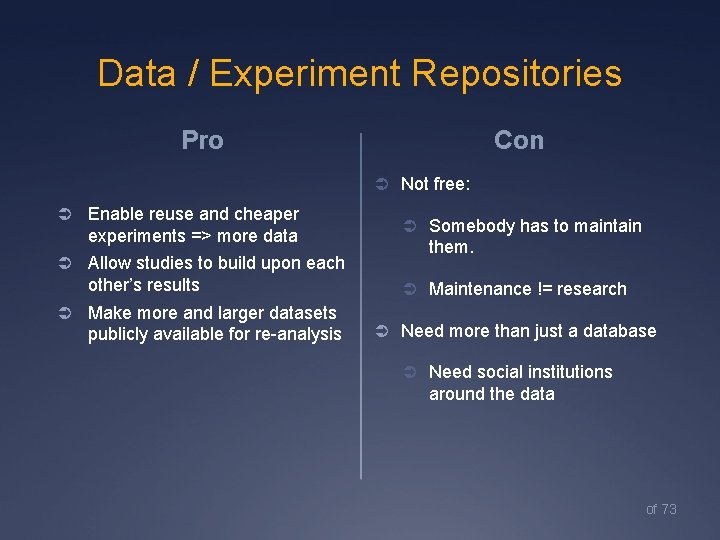 Data / Experiment Repositories Con Pro Ü Not free: Ü Enable reuse and cheaper
