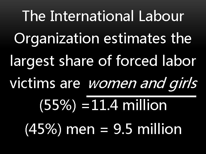 The International Labour Organization estimates the largest share of forced labor victims are women