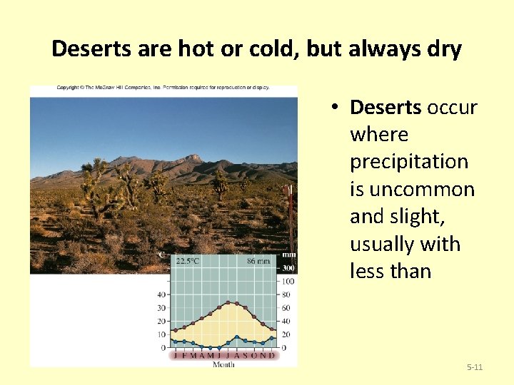 Deserts are hot or cold, but always dry • Deserts occur where precipitation is