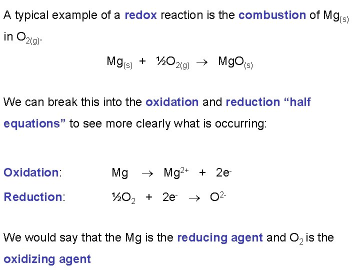 A typical example of a redox reaction is the combustion of Mg(s) in O