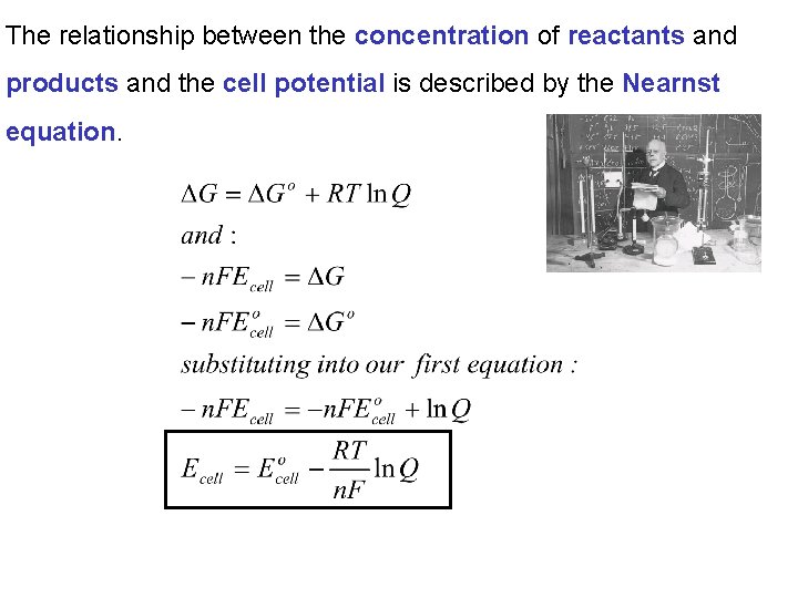 The relationship between the concentration of reactants and products and the cell potential is