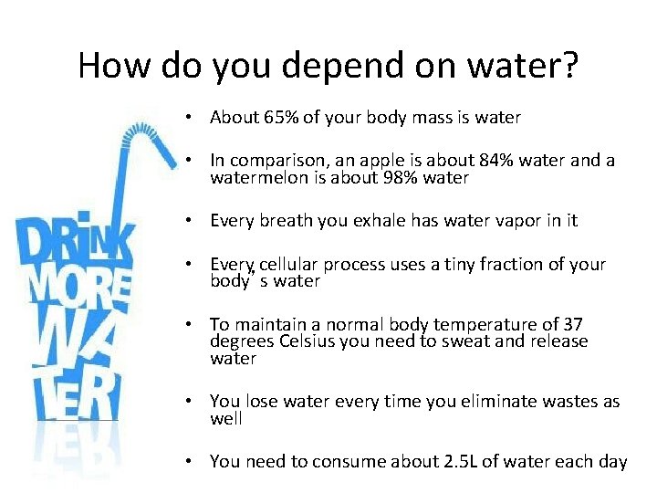 How do you depend on water? • About 65% of your body mass is