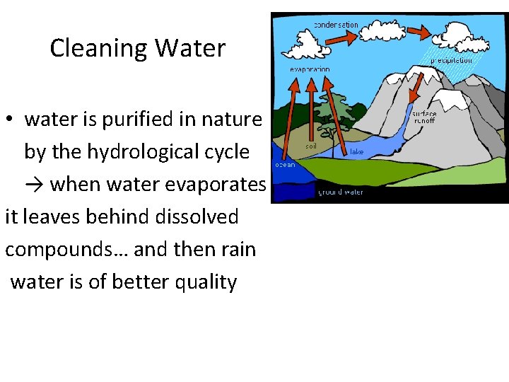 Cleaning Water • water is purified in nature by the hydrological cycle → when