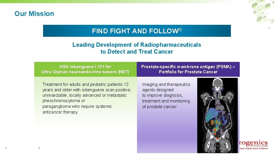 Our Mission FIND FIGHT AND FOLLOW® Leading Development of Radiopharmaceuticals to Detect and Treat