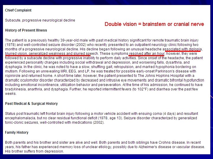 Double vision = brainstem or cranial nerve 