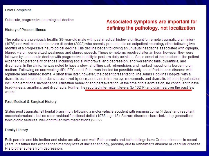 Associated symptoms are important for defining the pathology, not localization 