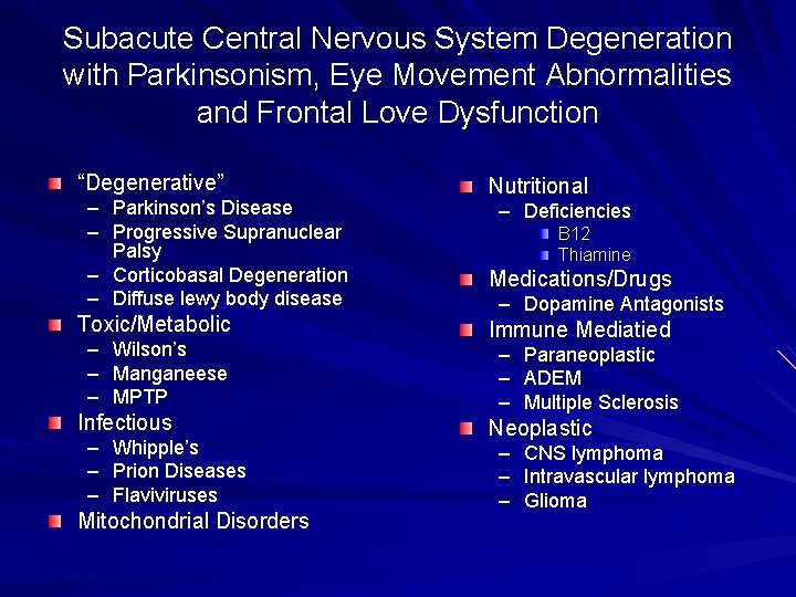 Subacute Central Nervous System Degeneration with Parkinsonism, Eye Movement Abnormalities and Frontal Love Dysfunction