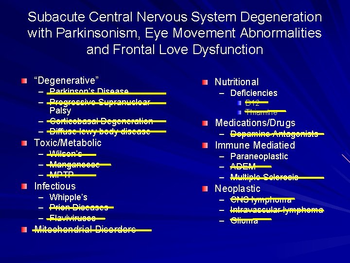 Subacute Central Nervous System Degeneration with Parkinsonism, Eye Movement Abnormalities and Frontal Love Dysfunction