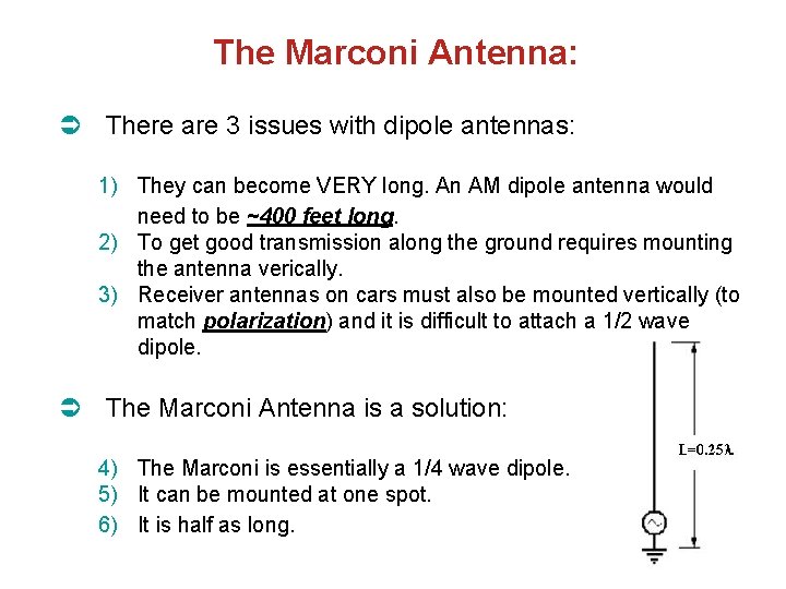 The Marconi Antenna: There are 3 issues with dipole antennas: 1) They can become