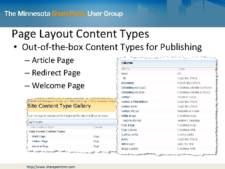 Page Layout Content Types • Out-of-the-box Content Types for Publishing – Article Page –