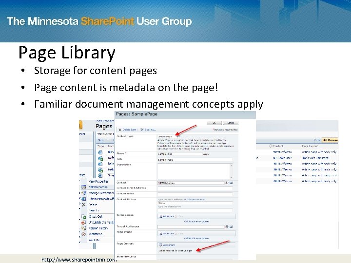 Page Library • Storage for content pages • Page content is metadata on the