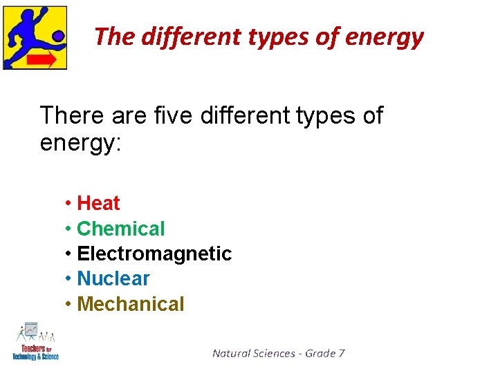 The different types of energy There are five different types of energy: • Heat