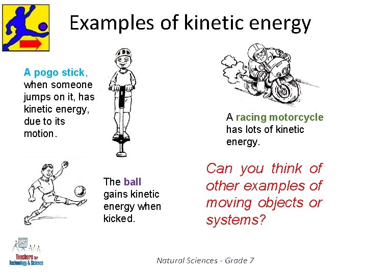 Examples of kinetic energy A pogo stick, when someone jumps on it, has kinetic