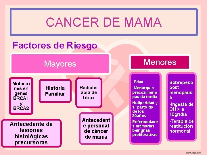 CANCER DE MAMA Factores de Riesgo Menores Mayores Mutacio nes en genes BRCA 1