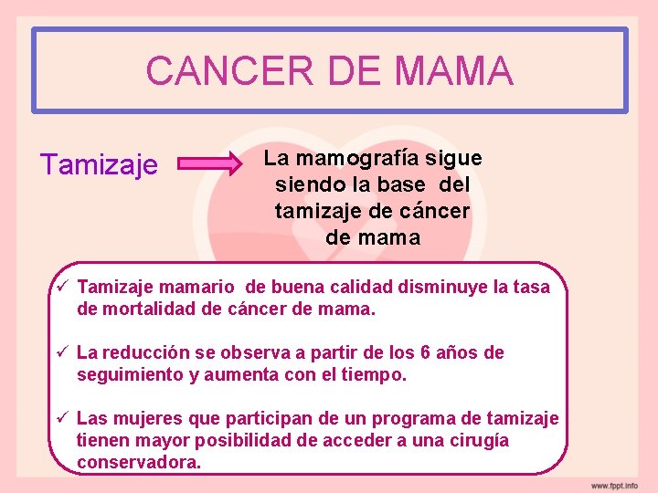 CANCER DE MAMA Tamizaje La mamografía sigue siendo la base del tamizaje de cáncer