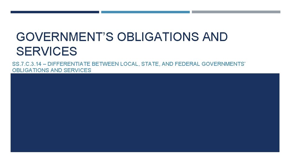 GOVERNMENT’S OBLIGATIONS AND SERVICES SS. 7. C. 3. 14 – DIFFERENTIATE BETWEEN LOCAL, STATE,