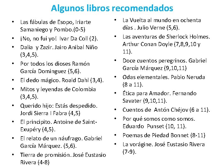 Algunos libros recomendados • Las fábulas de Esopo, Iriarte Samaniego y Pombo. (0 -5) Algunos libros recomendados • Las fábulas de Esopo, Iriarte Samaniego y Pombo. (0 -5)