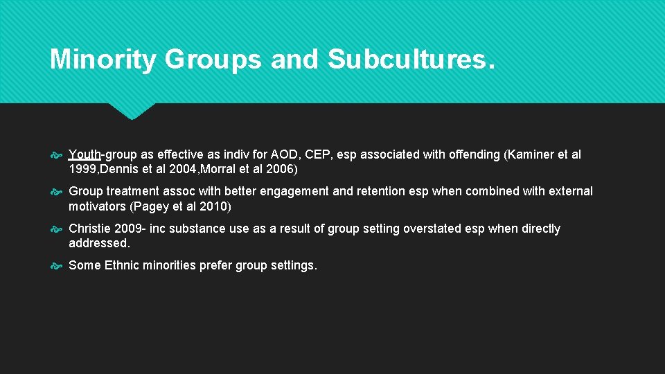 Minority Groups and Subcultures. Youth-group as effective as indiv for AOD, CEP, esp associated