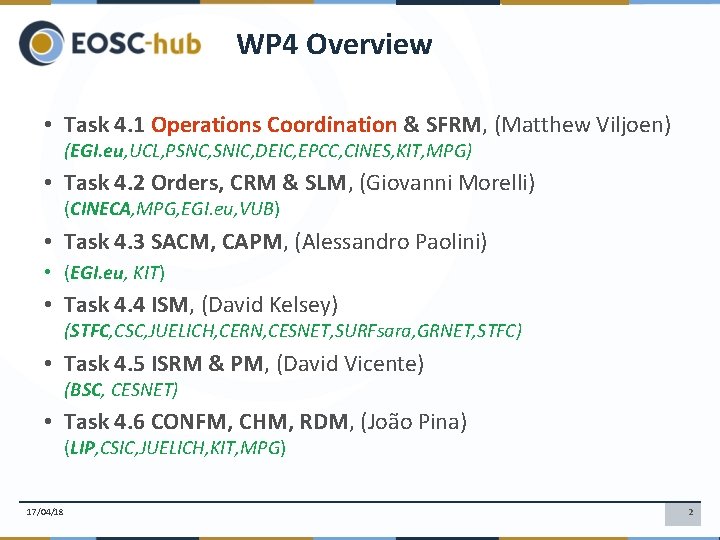 WP 4 Overview • Task 4. 1 Operations Coordination & SFRM, (Matthew Viljoen) (EGI.