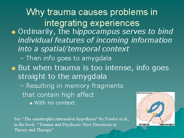 Why trauma causes problems in integrating experiences u Ordinarily, the hippocampus serves to bind Why trauma causes problems in integrating experiences u Ordinarily, the hippocampus serves to bind