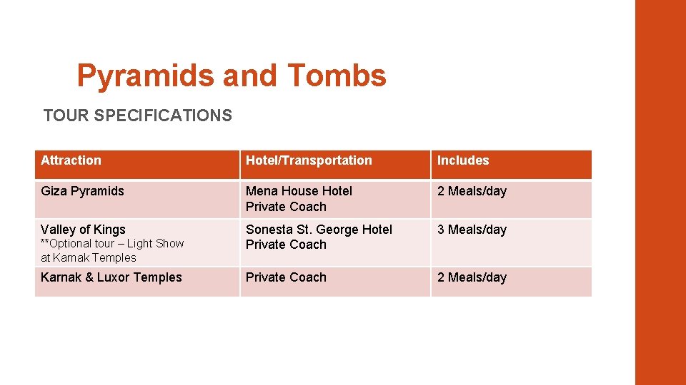 Pyramids and Tombs TOUR SPECIFICATIONS Attraction Hotel/Transportation Includes Giza Pyramids Mena House Hotel Private