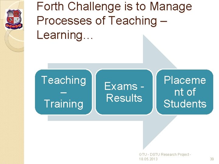 Forth Challenge is to Manage Processes of Teaching – Learning… Teaching – Training Exams
