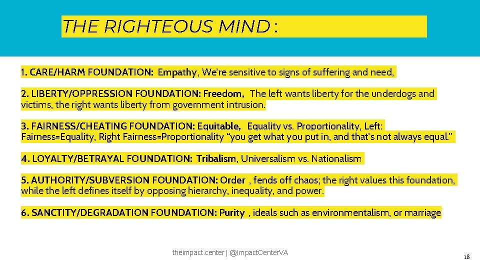 THE RIGHTEOUS MIND : MORAL MATRIX THE RIGHTEOUS MIND: MORAL MATRIX 1. CARE/HARM FOUNDATION: