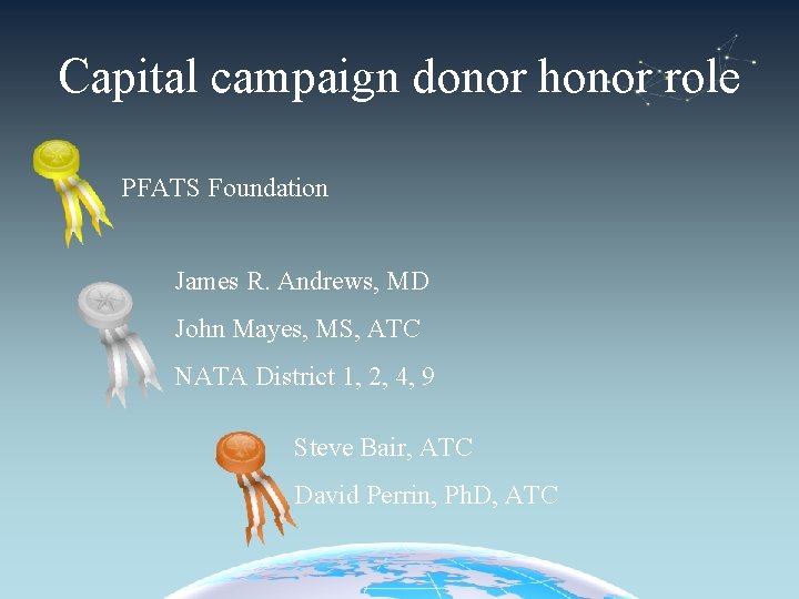 Capital campaign donor honor role PFATS Foundation James R. Andrews, MD John Mayes, MS,