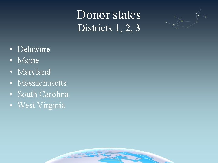 Donor states Districts 1, 2, 3 • • • Delaware Maine Maryland Massachusetts South