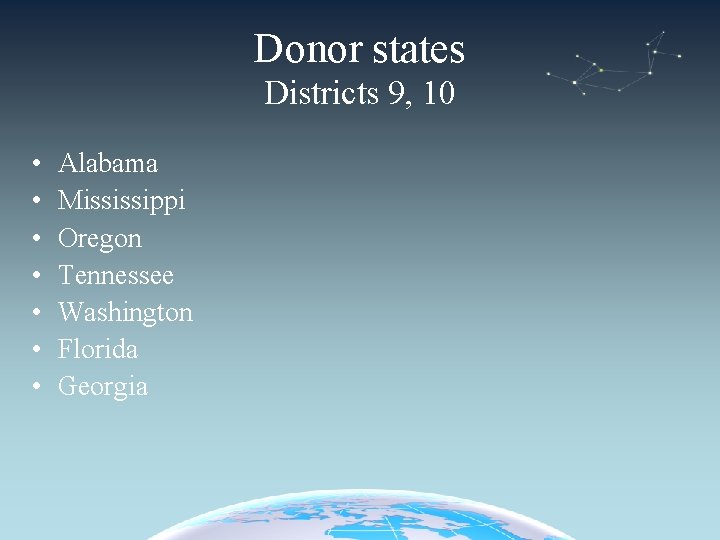 Donor states Districts 9, 10 • • Alabama Mississippi Oregon Tennessee Washington Florida Georgia