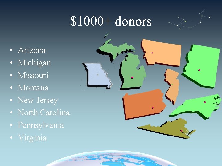 $1000+ donors • • Arizona Michigan Missouri Montana New Jersey North Carolina Pennsylvania Virginia