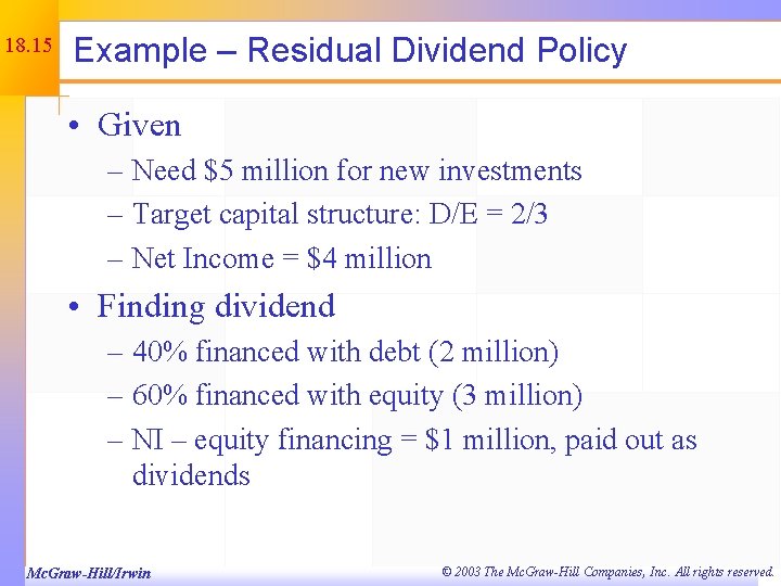 18. 15 Example – Residual Dividend Policy • Given – Need $5 million for