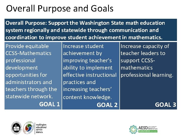 Overall Purpose and Goals Overall Purpose: Support the Washington State math education system regionally
