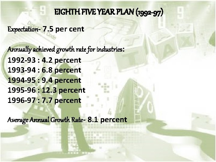 EIGHTH FIVE YEAR PLAN (1992 -97) Expectation- 7. 5 per cent Annually achieved growth