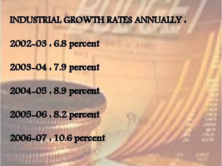 INDUSTRIAL GROWTH RATES ANNUALLY : 2002 -03 : 6. 8 percent 2003 -04 :